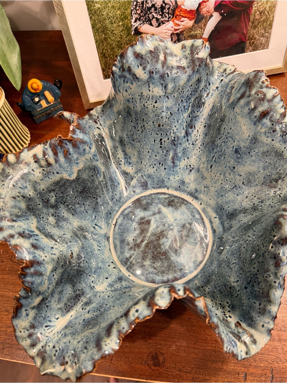 Handcrafted Large Blue Ceramic Ruffled Edge Bowl Centerpiece-14” x 7”